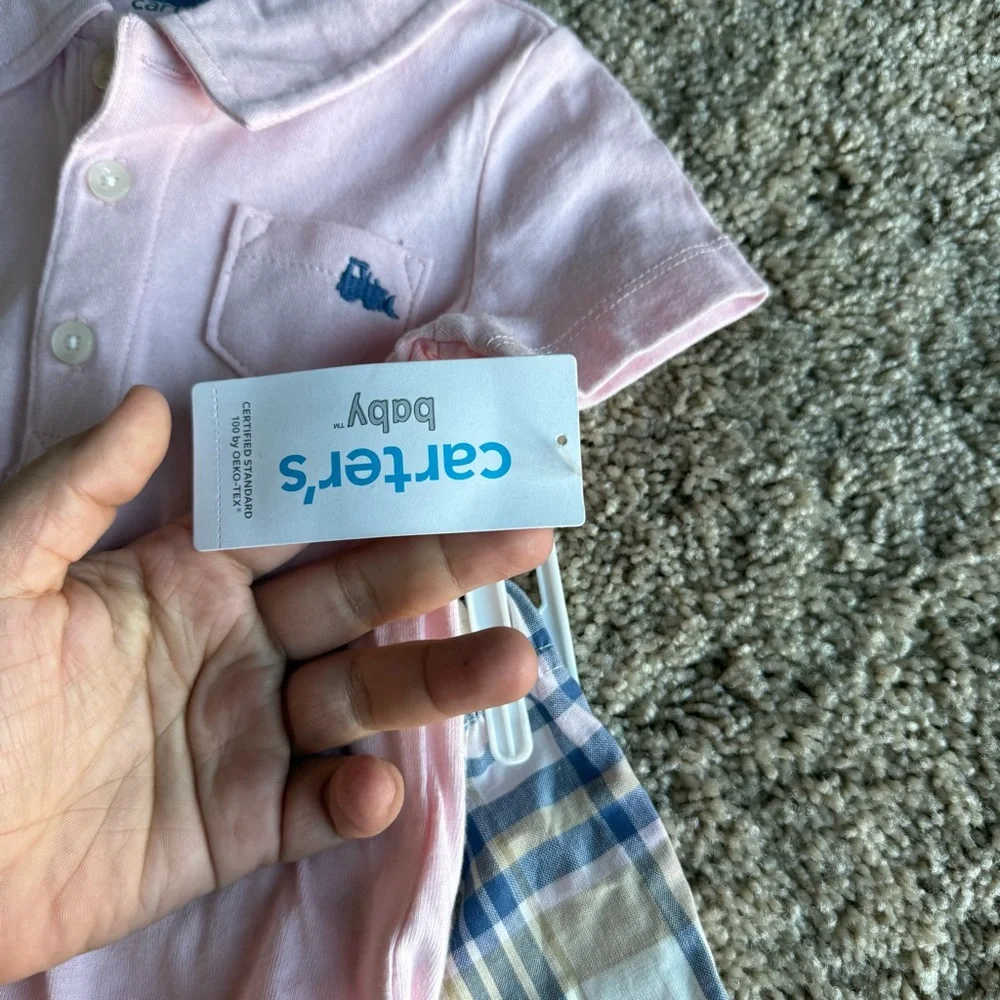 NWT Carter's Baby Pink Polo Onesie with Plaid Shorts 2‎ piece set